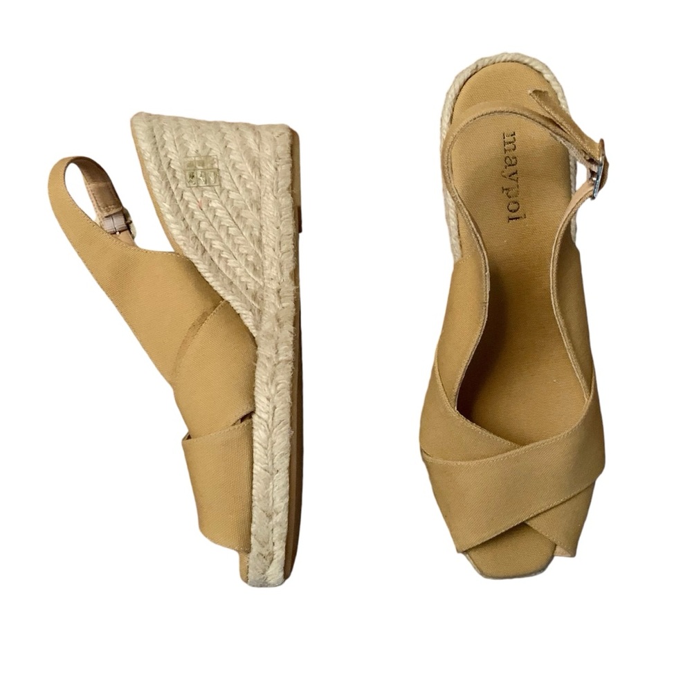 Maypol Espadrille Wedge Peep Toe Sandals Tan Yellow Sling Back Size 38 7.5
